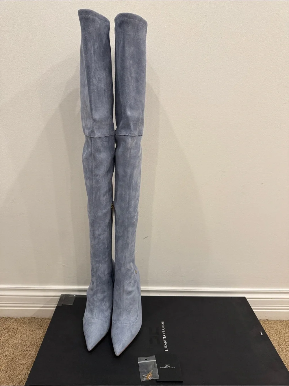 Elisabetta Franchi Ice Blue Stretch Suede Over The Knee Boots EU 37 NWT